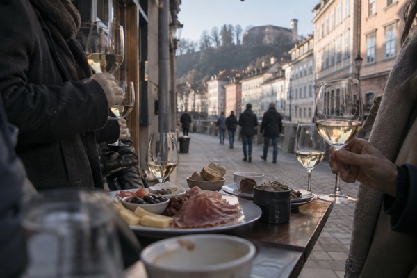 Wine glasses and small plates on a high table in a narrow bar, a group tasting together, Ljubljana Old Town, Ljubljana