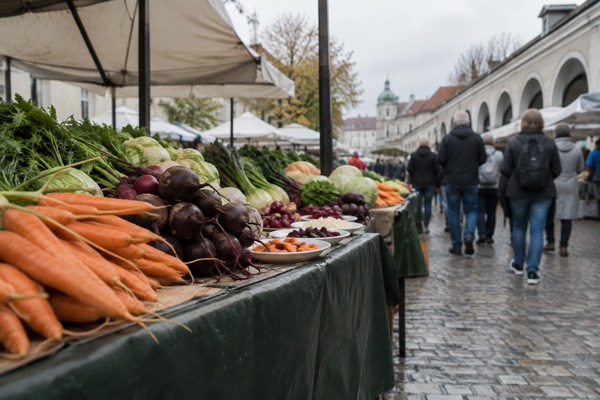 A guide leading a group past market trestles piled with produce, tasting plates set out on the counter beside them, Ljubljana Central Market, Ljubljana