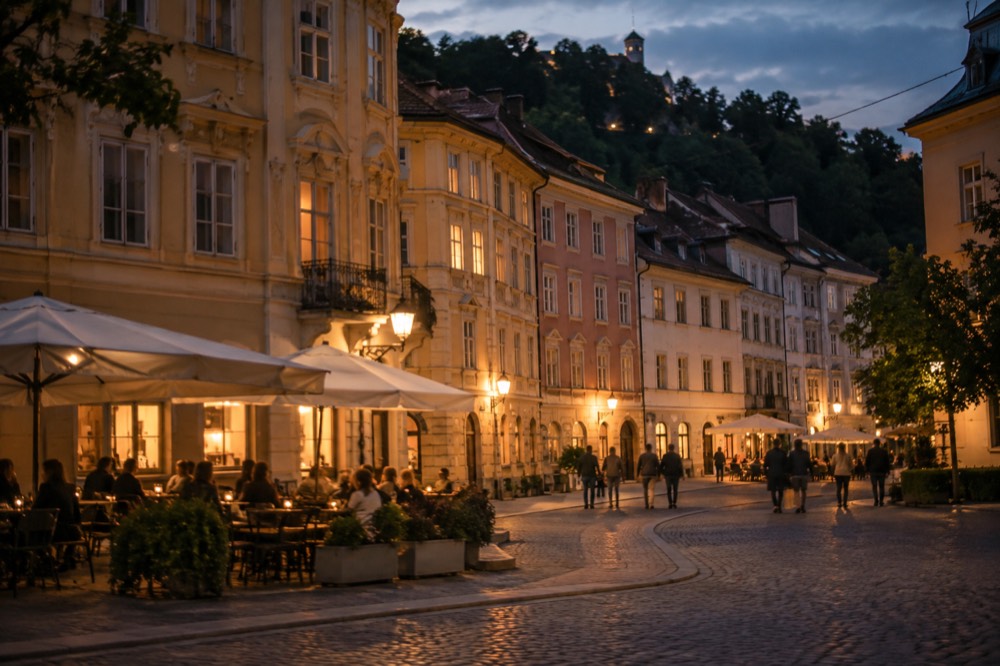 Cobbled square in central Ljubljana with café tables and pastel facades at dusk