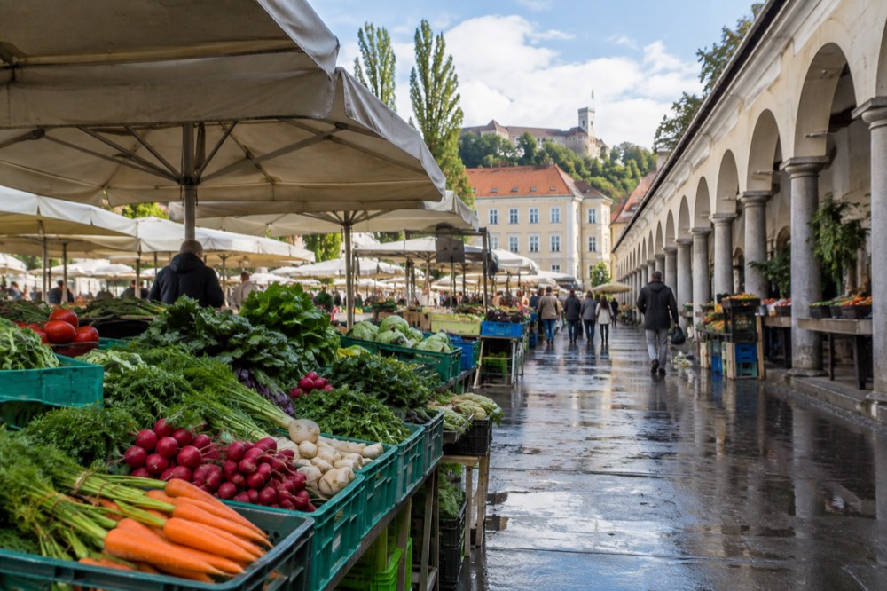 Fresh produce and food stalls at Ljubljana's central market square