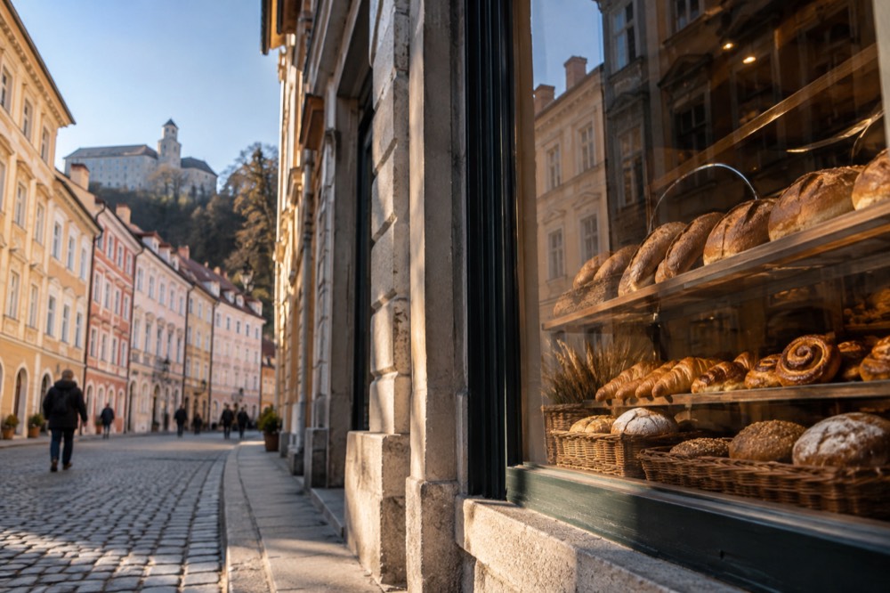 Fresh bread rolls and pastries displayed in the window of a small bakery