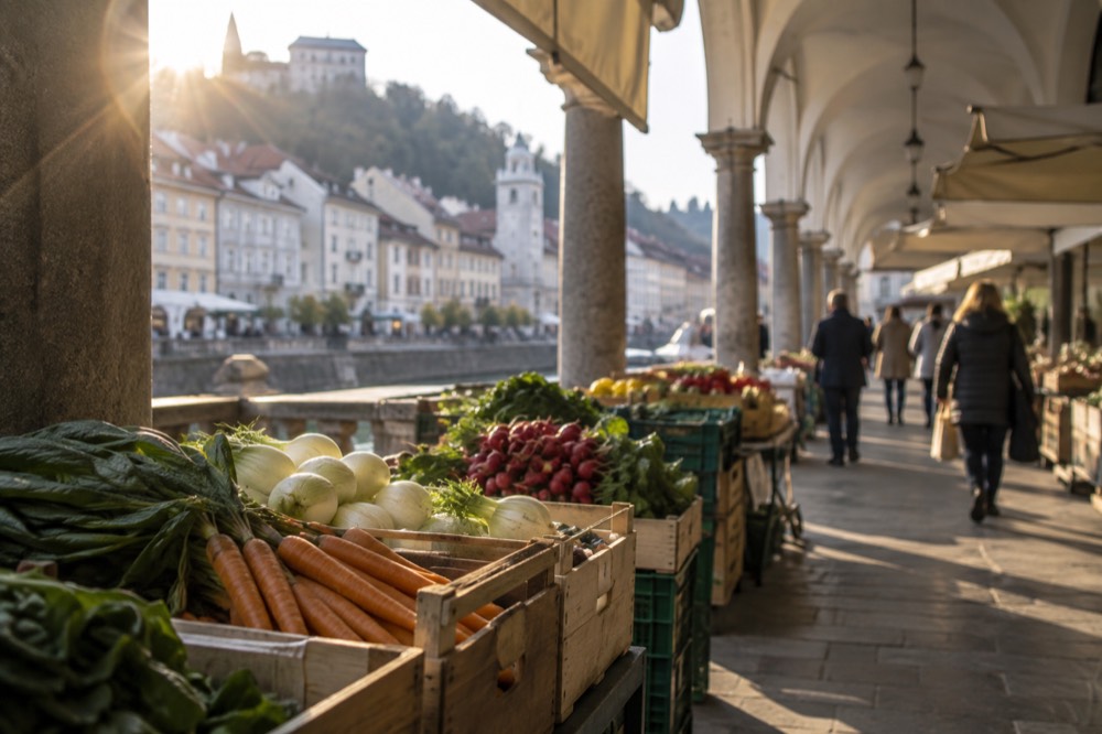 Market stalls with crates of fresh produce under a covered arcade in the morning