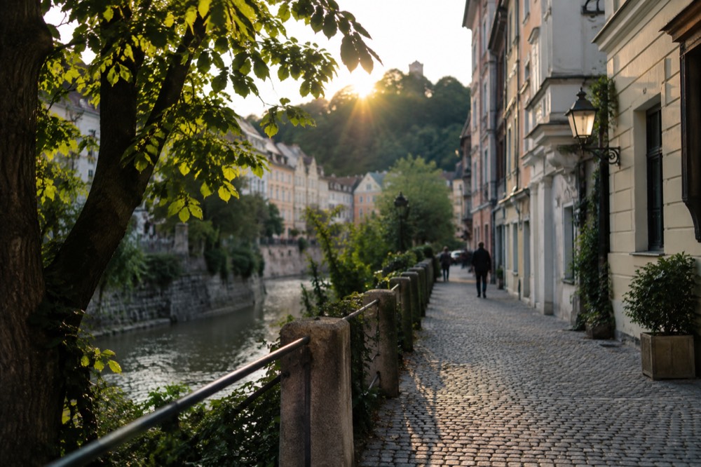 A quiet garden street with old houses beside a small river embankment