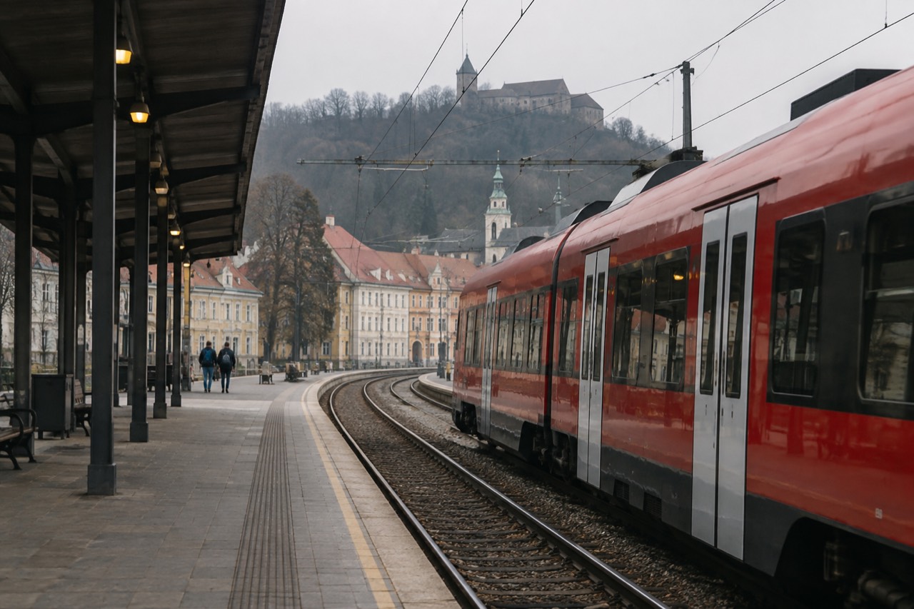 A red Slovenian passenger train at a small station platform with forested hills behind it