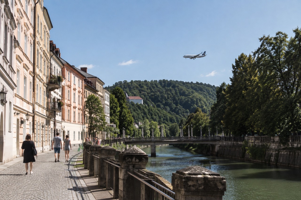 A plane descending over forested hills toward Ljubljana Airport on a clear morning