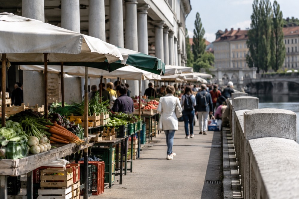 A market stall with handwritten signs under the covered colonnade of Ljubljana's central market