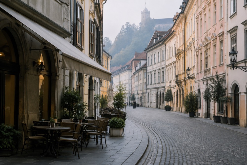 Empty pedestrian street in central Ljubljana with cafe tables and baroque facades