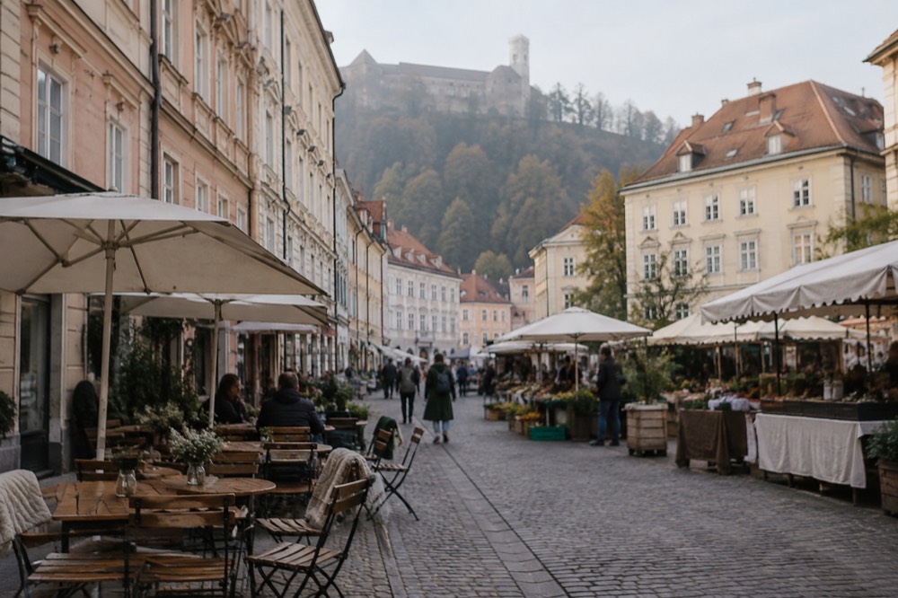 Outdoor tables and market stalls along a cobbled square in central Ljubljana