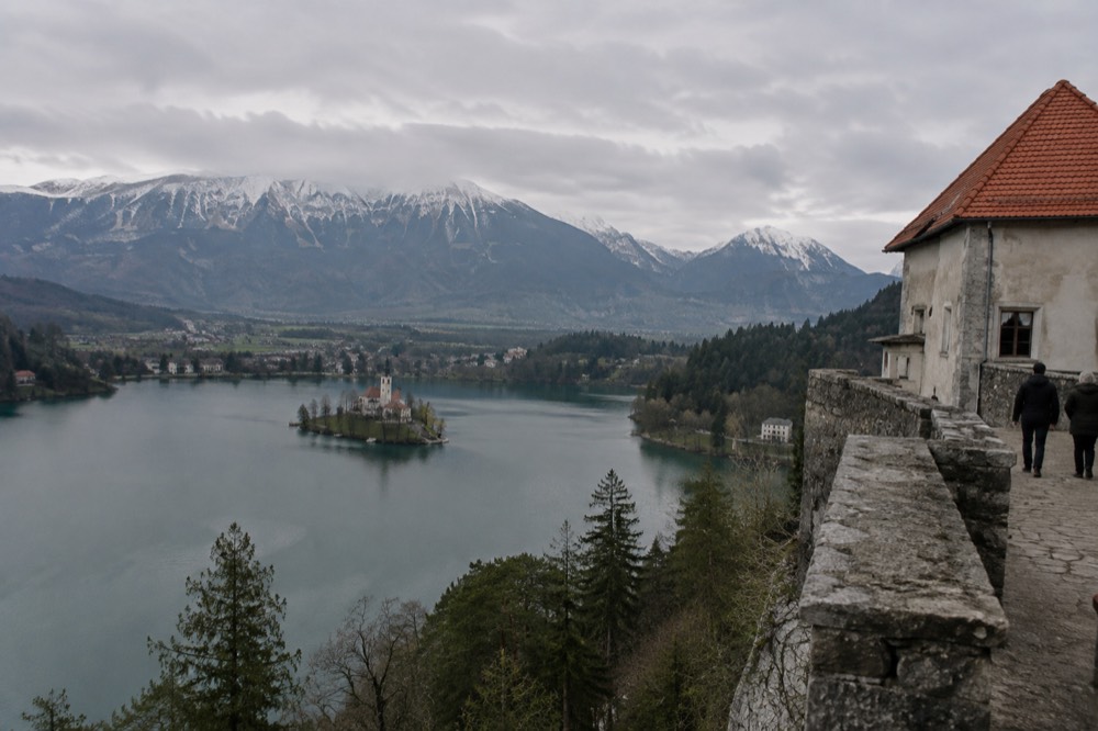 Bled Castle walls above Lake Bled with the island church in the distance