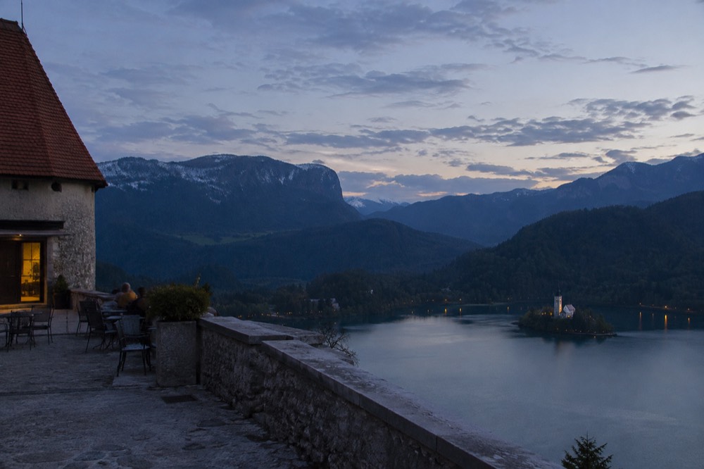 The terrace viewpoint at Bled Castle looking over the lake and wooded hills