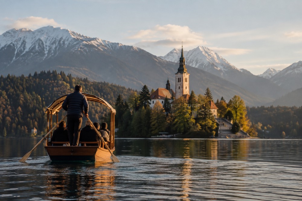 A traditional wooden pletna boat on Lake Bled heading toward the island church