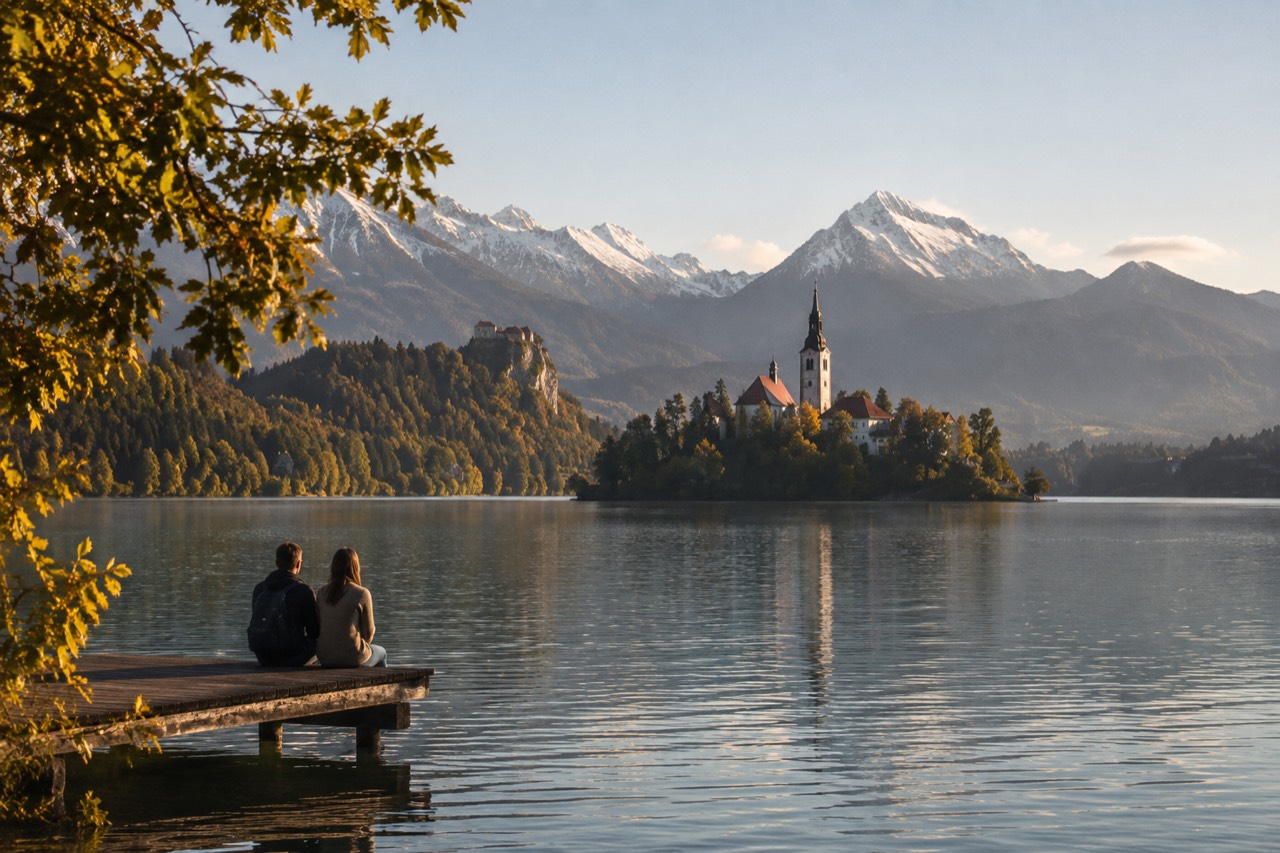 Lake Bled with its island church and wooded shorelines under a morning sky