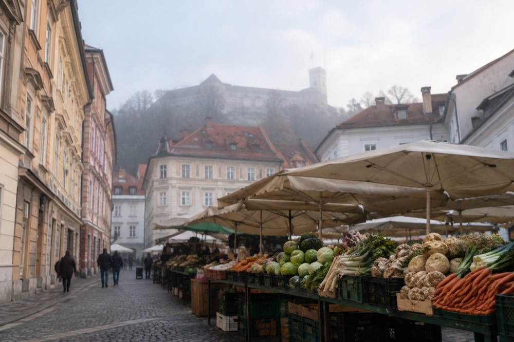 Market stalls with fresh produce on a square in Ljubljana in the morning