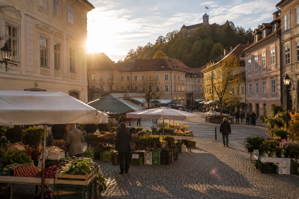 Market stalls with fresh produce on a square in central Ljubljana
