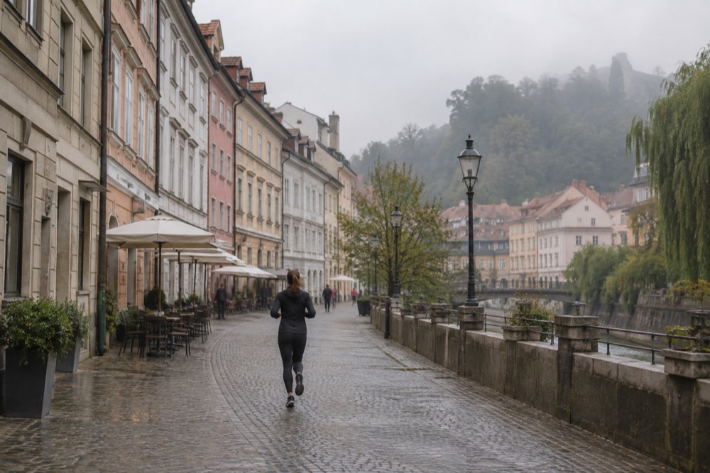 Pastel buildings and cafe tables on a car-free street in central Ljubljana