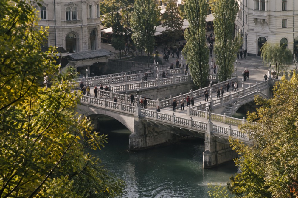 The Ljubljanica river and the triple bridge seen from the Ljubljana castle hill