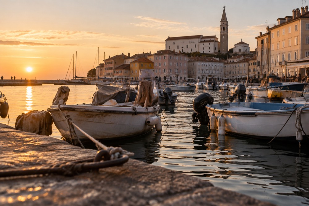 Small fishing boats moored in Piran harbour with a church tower rising above the rooftops