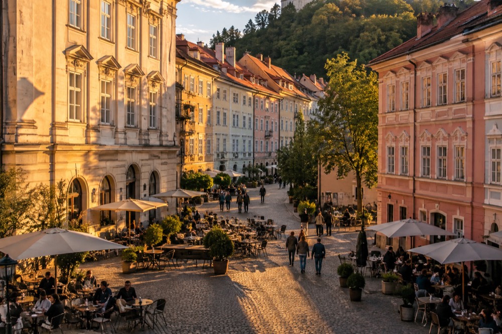 A pedestrian square with café tables in front of colourful baroque facades