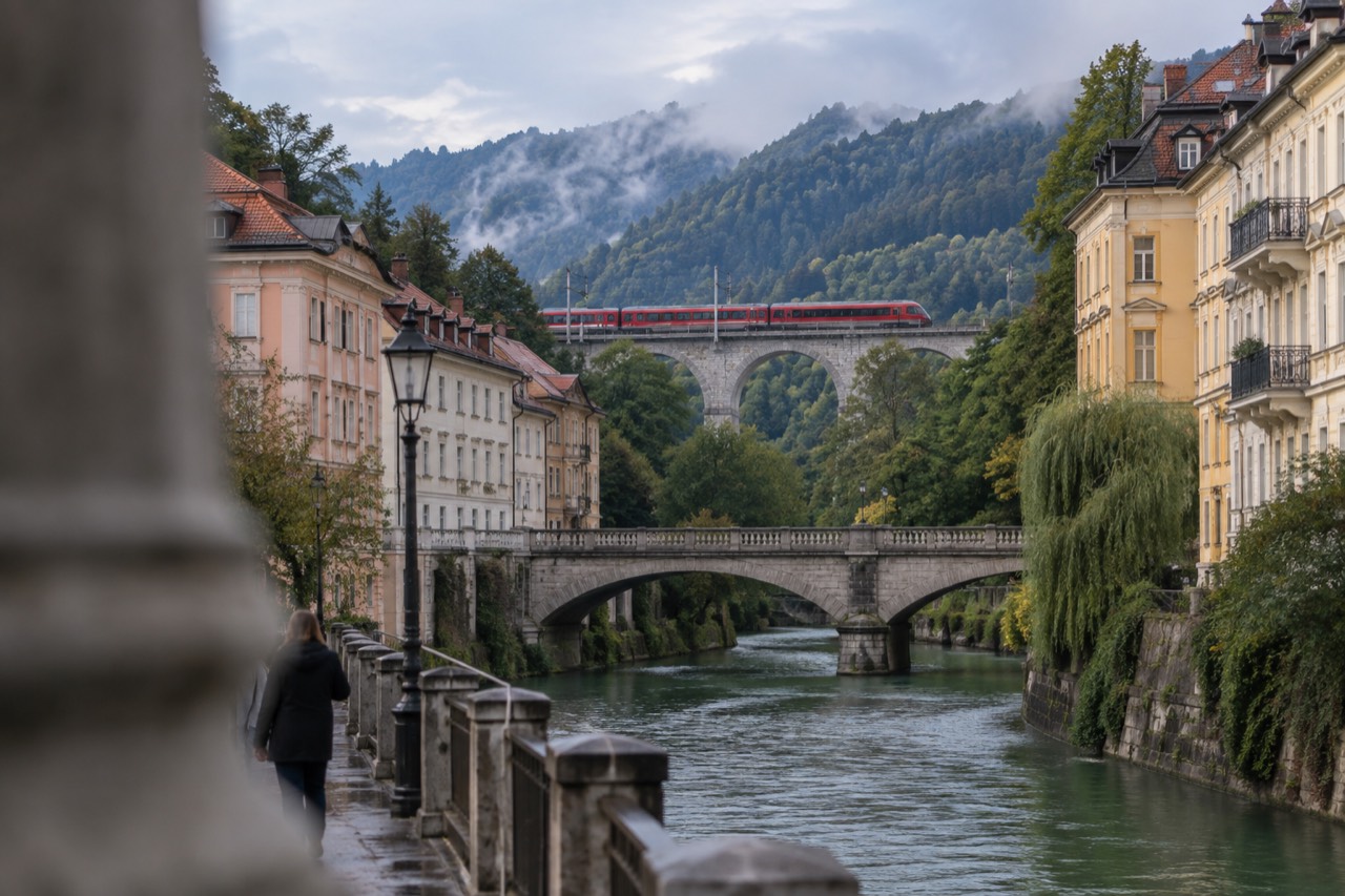 A red Slovenian passenger train crossing a stone viaduct above an alpine river valley with forested mountains behind it