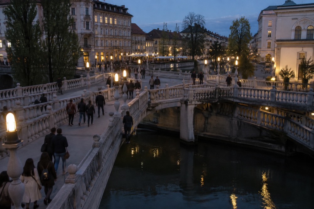 The Triple Bridge and riverside buildings seen from Prešeren Square