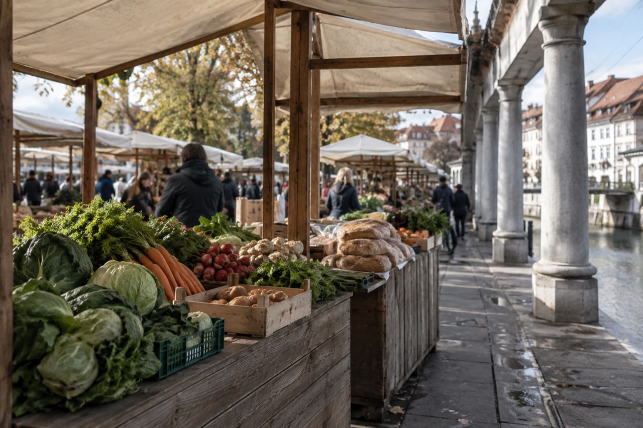 A wooden market stall loaded with fresh Slovenian produce and bread
