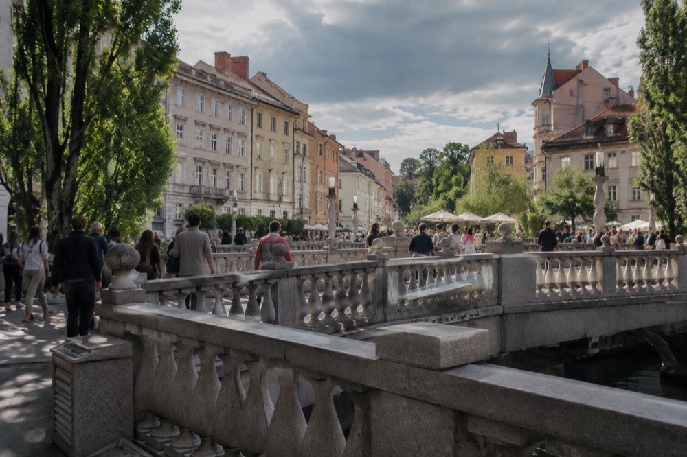 The Triple Bridge and riverside buildings along the Ljubljanica in the pedestrianised centre