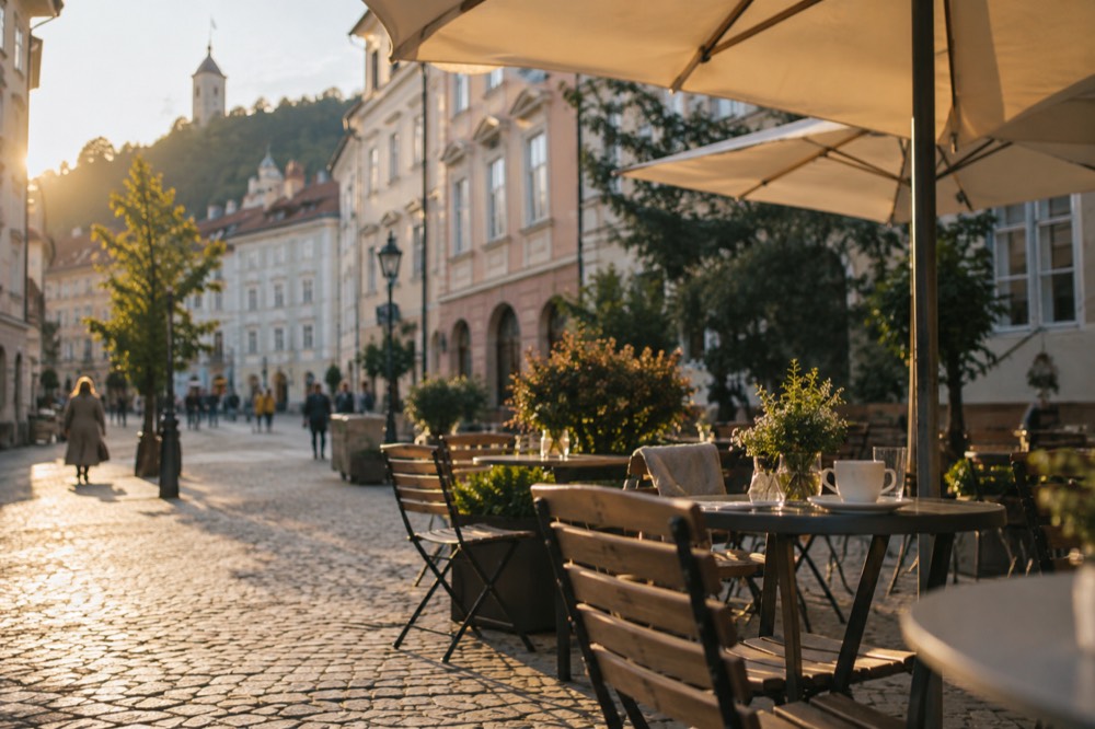 A café terrace on a cobbled square in Ljubljana with menus displayed outside