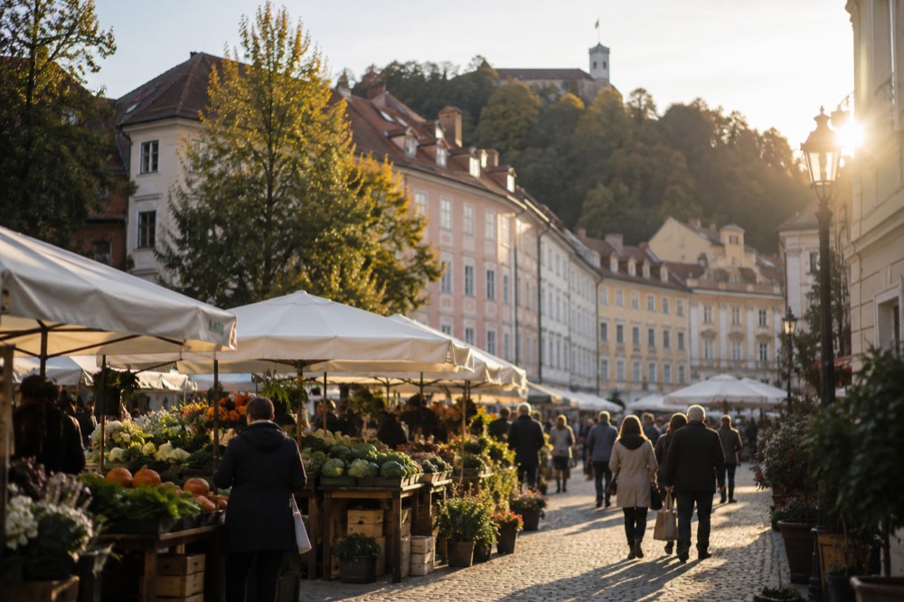 Open-air market stalls with fresh produce under white canopies in central Ljubljana