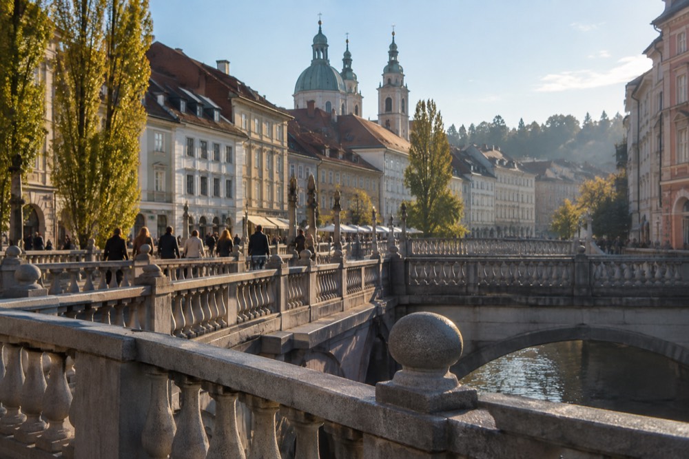 The Triple Bridge and riverside facades of Ljubljana's Old Town in morning light