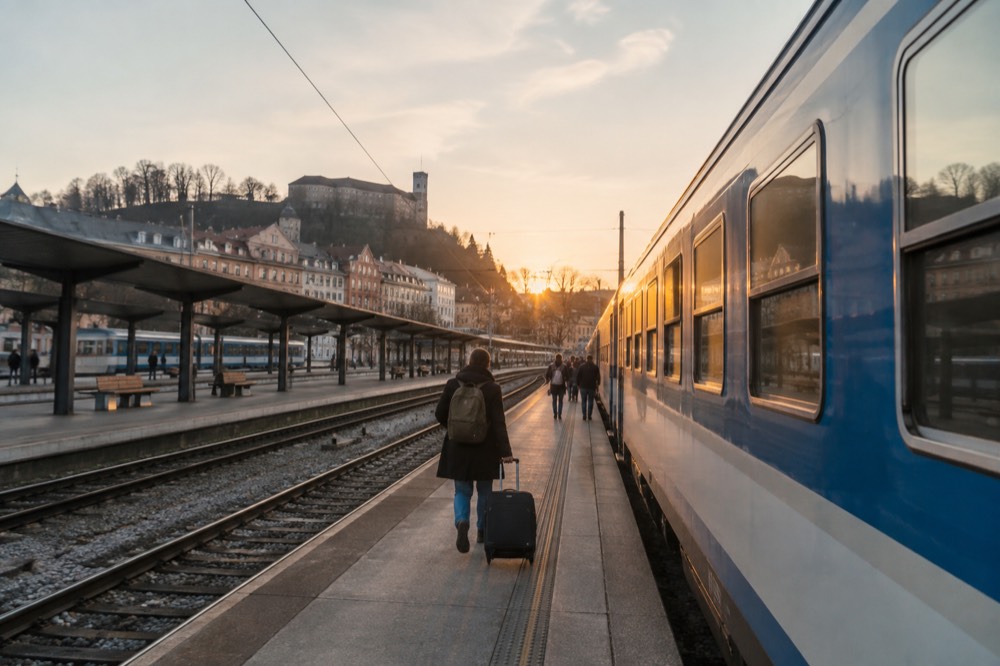 A rail platform in Ljubljana with a blue international train waiting beside departure boards