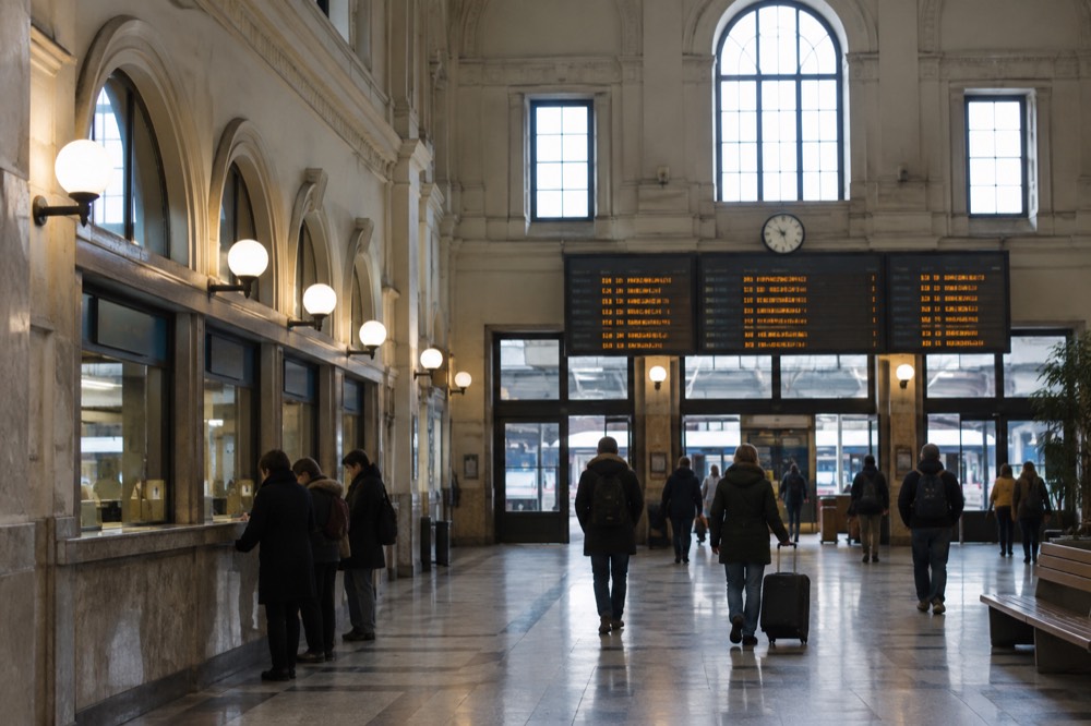 The interior of Ljubljana railway station with ticket windows and departure information boards