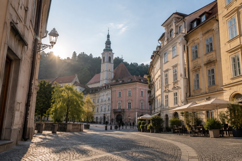 Cobbled square with pastel facades and a church spire in Ljubljana Old Town