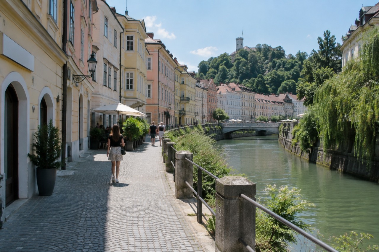 Pastel-coloured baroque buildings along the Ljubljanica river in Ljubljana's Old Town
