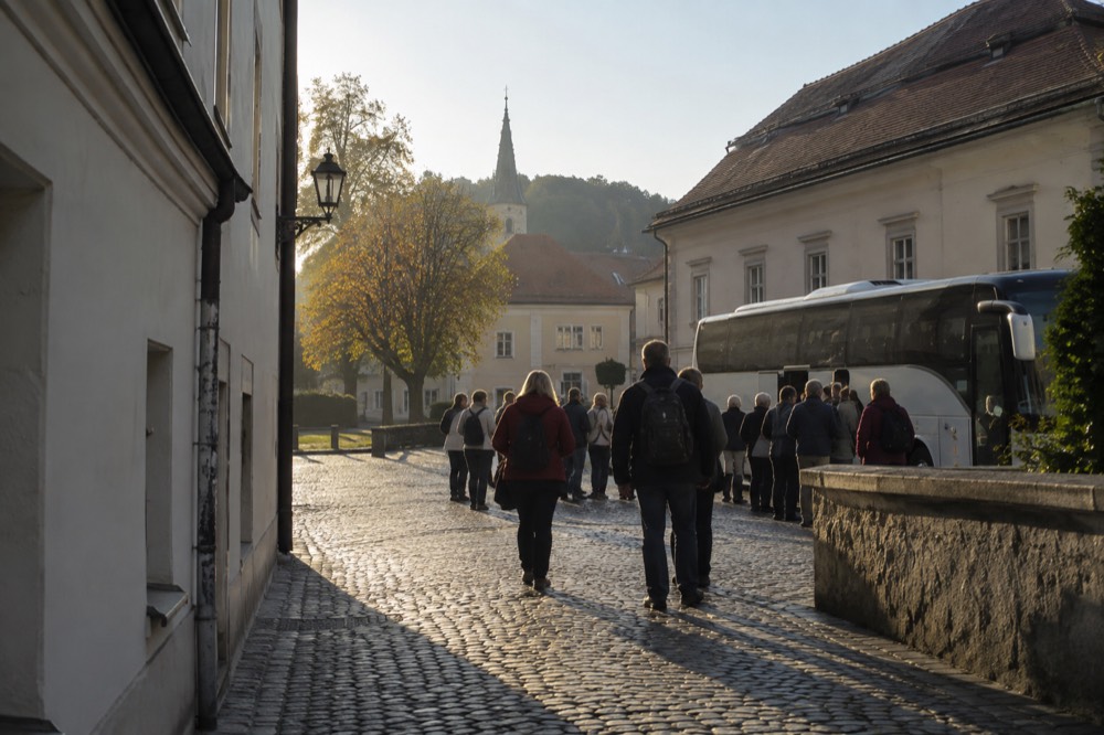 Bus and walking tourists gathering on a cobbled street in the early morning before a day trip
