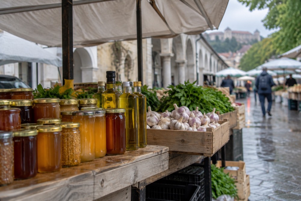 Jars of honey and bottles of oil lined up on a wooden market counter
