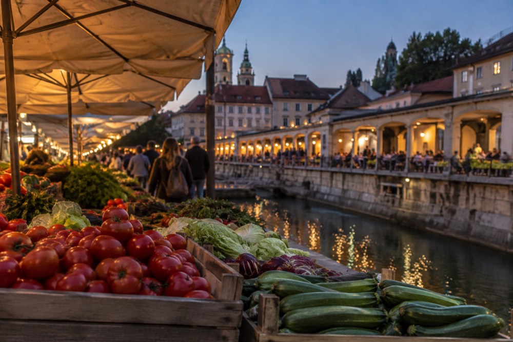 Outdoor food stands and crowded tables on a city square in warm evening light