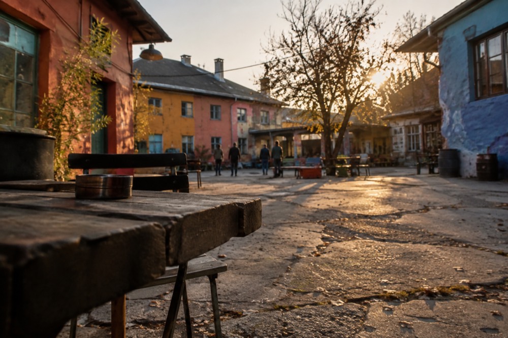 Colourful painted building facades and sculptures in a courtyard of former army barracks