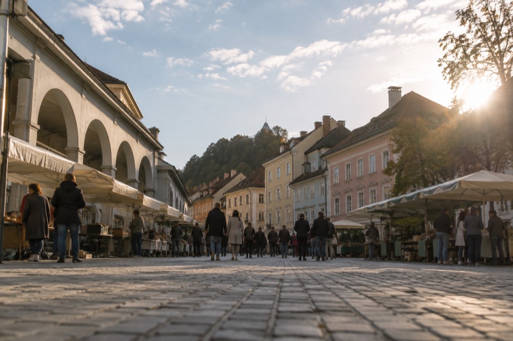 Outdoor food market stalls with people browsing beside a riverside colonnade