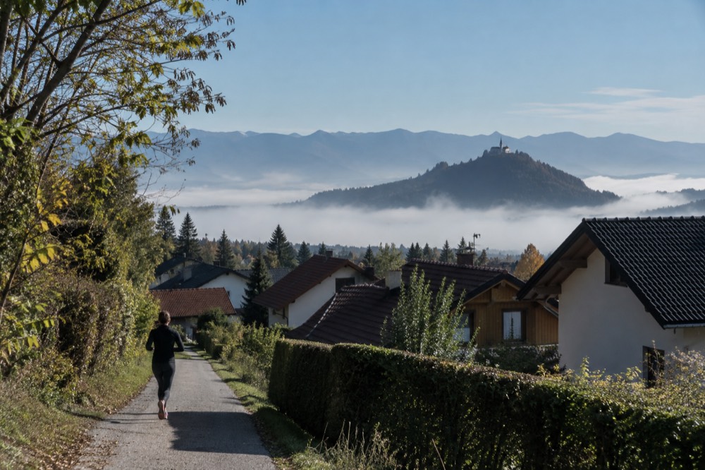 A steep wooded hill with a church on its summit seen across suburban rooftops