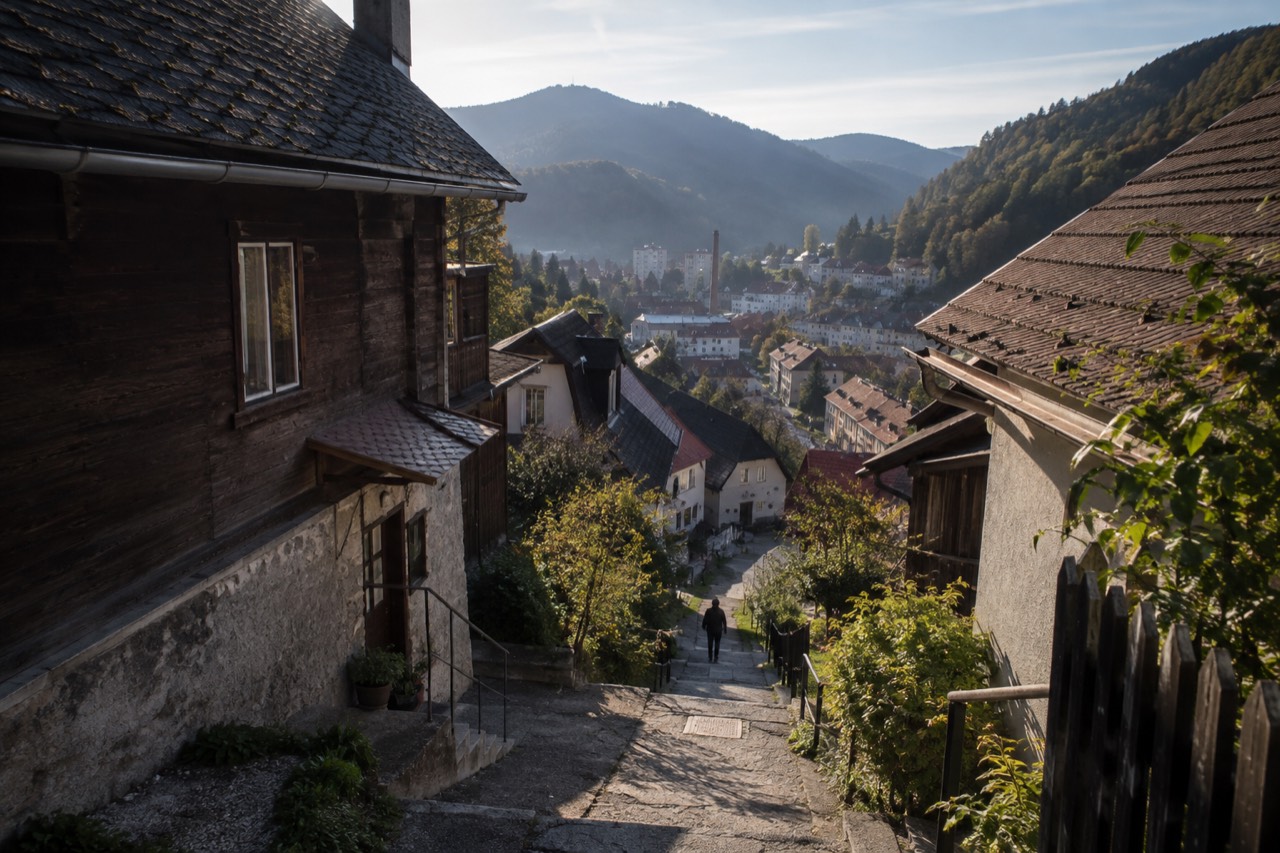 wooden houses on a steep hillside street above a small Slovenian town