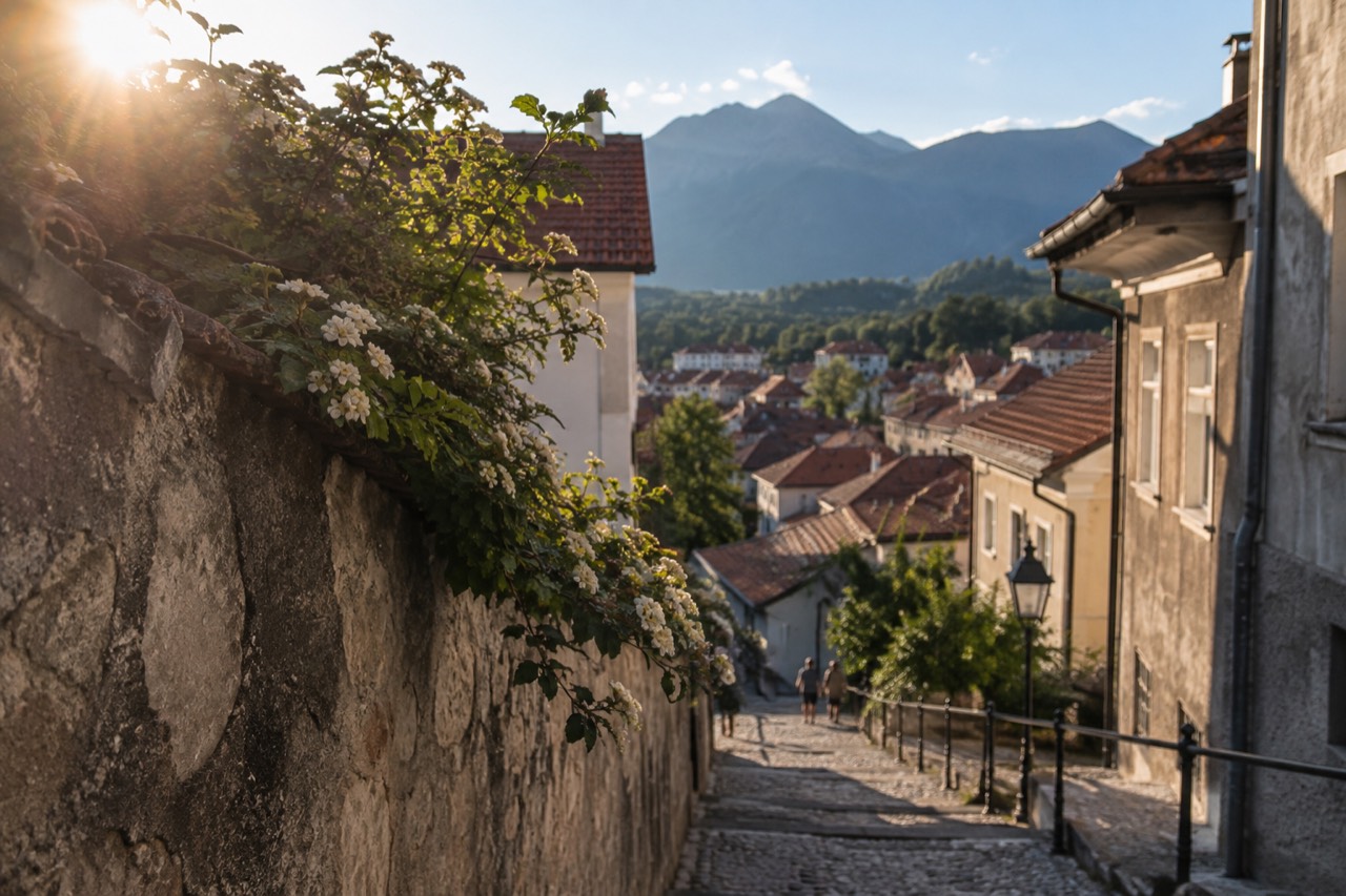 A small alpine town of terracotta rooftops sitting below green mountains under a blue sky