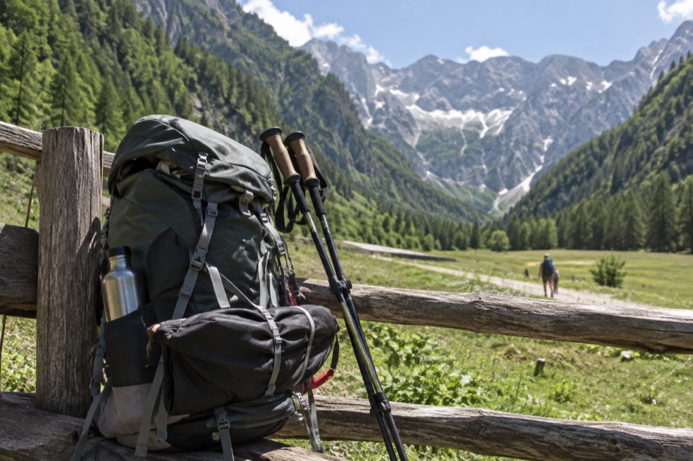 A hiker's backpack and walking poles resting on a wooden fence with mountains behind