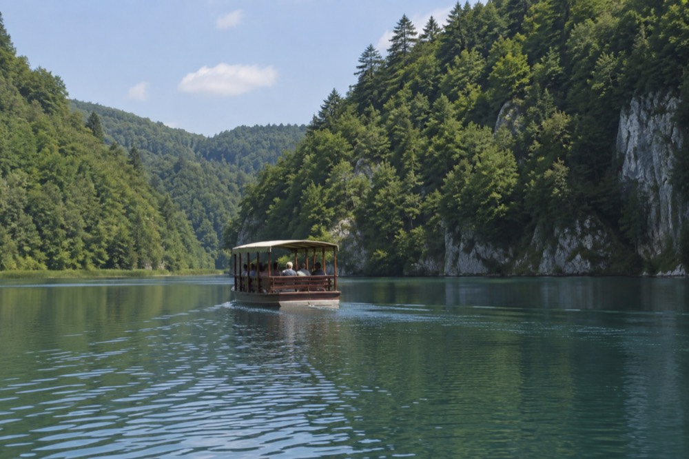 Small wooden boat crossing a wide calm lake between steep forested slopes