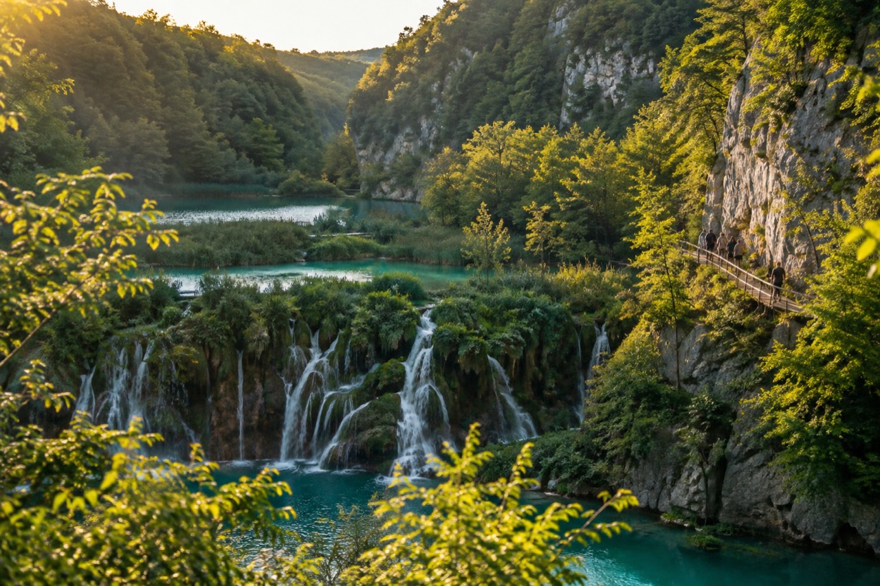 Turquoise terraced lakes and waterfalls framed by forest at Plitvice Lakes