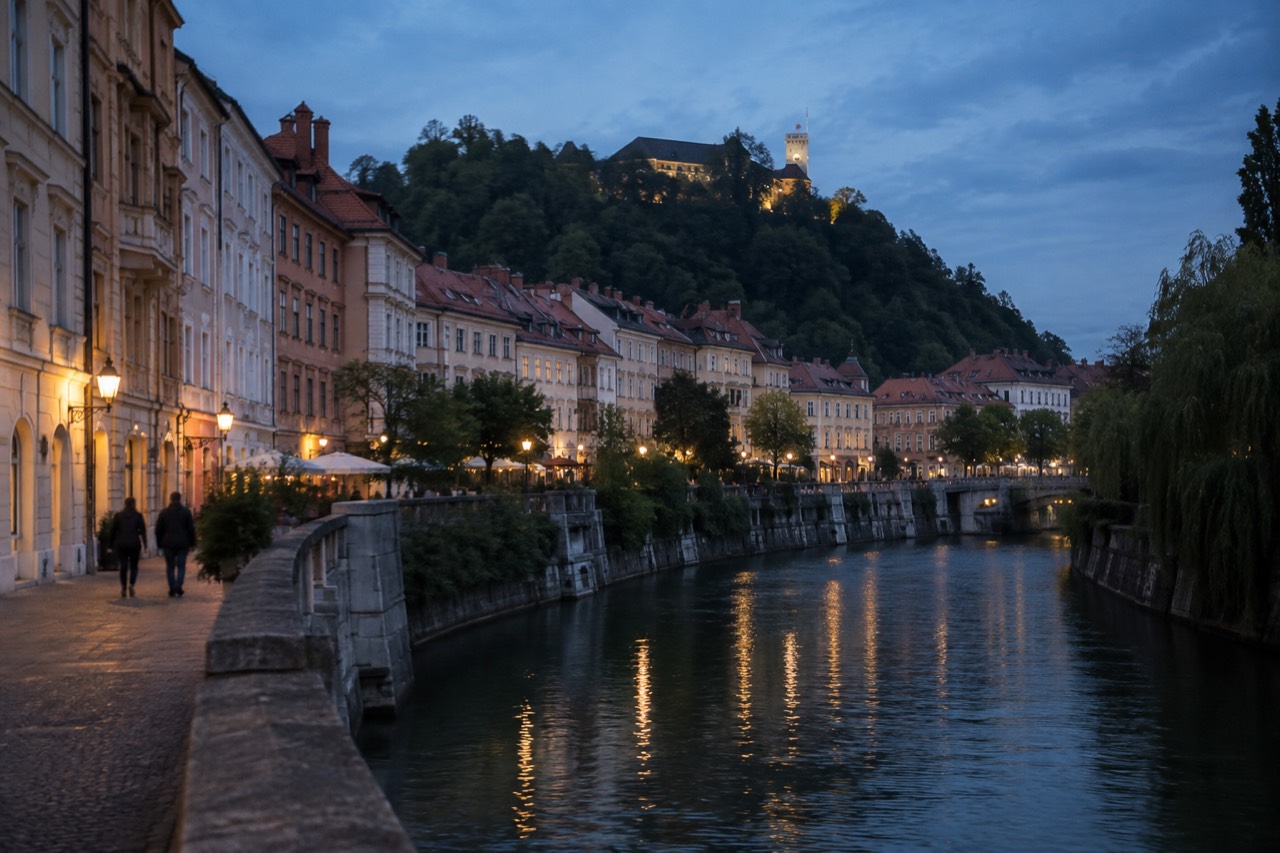 Terracotta rooftops of an old town with a river and green hills behind