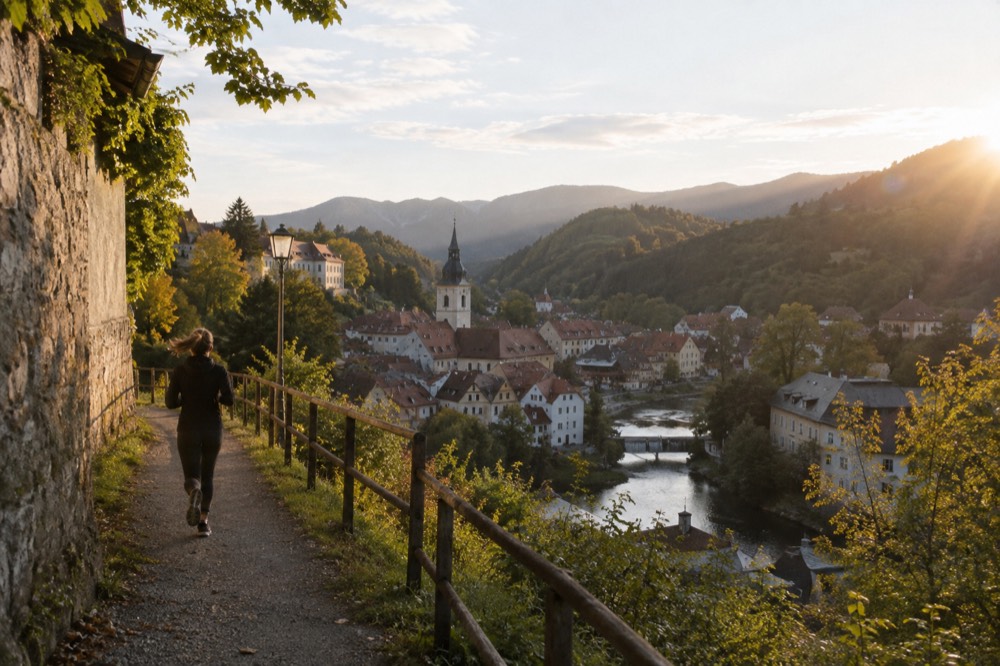 A view over a small medieval town with two rivers meeting below wooded hills