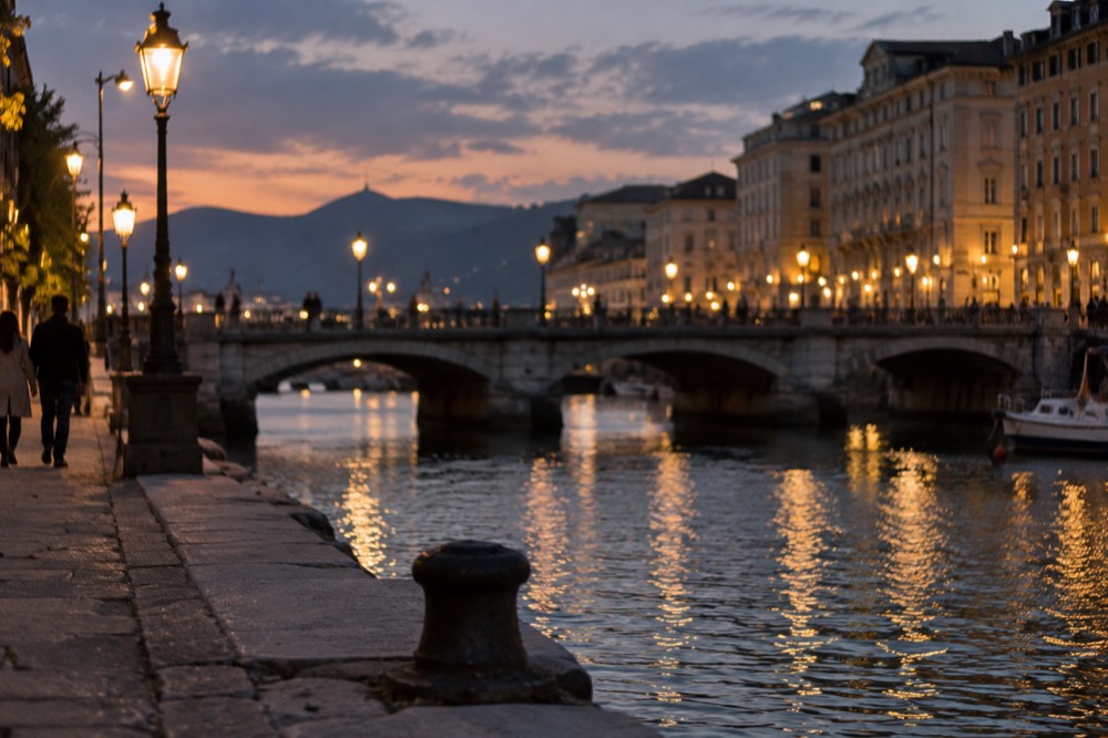 Evening light on a river embankment with a historic bridge in Ljubljana