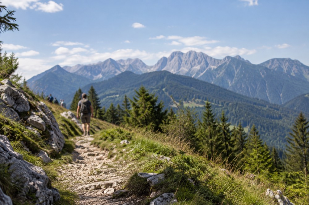 Rocky summits of the Kamnik Alps above a green plateau under a blue sky