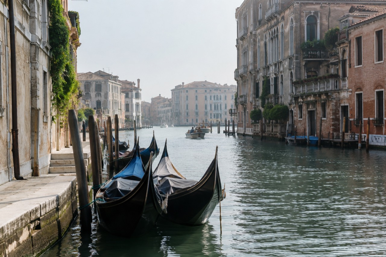 A canal in Venice with moored gondolas and old palazzi along the water