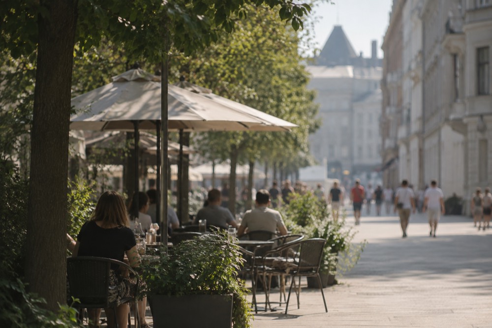 A café terrace with small tables on a sunny city promenade
